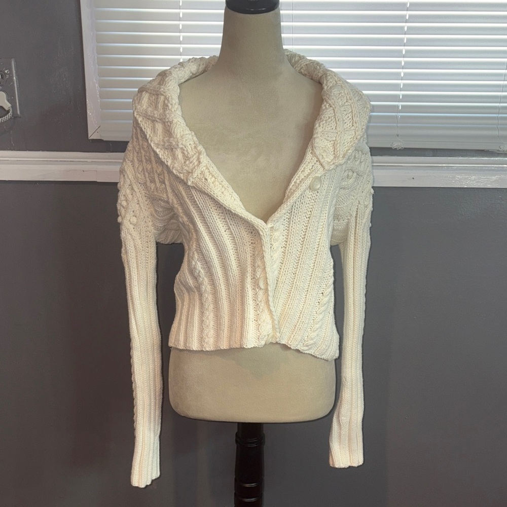 City Unltd Cream Cable Knit Hooded Sweater XL Chunky Fisherman Cozy Winter